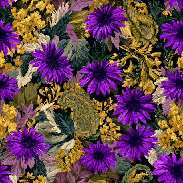 Elegant Floral Textile Pattern with Purple and Gold Accents