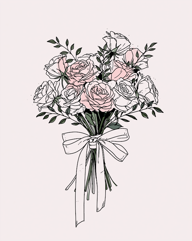 Elegant Hand-Drawn Bridal Bouquet with Ribbons