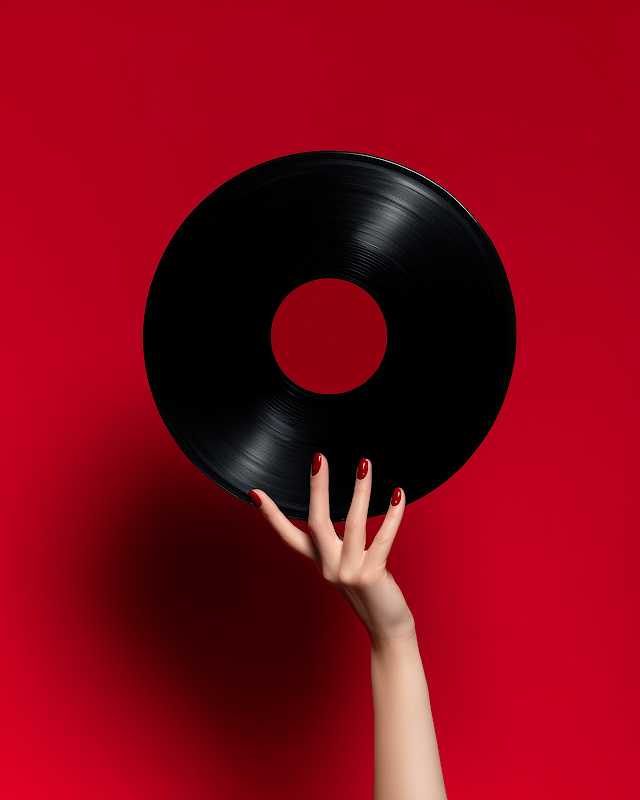Elegant Hand Holding Vinyl Record on Red Velvet Background