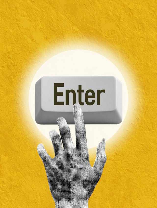 Elegant Hand Pressing Enter Key in Digital Collage Art