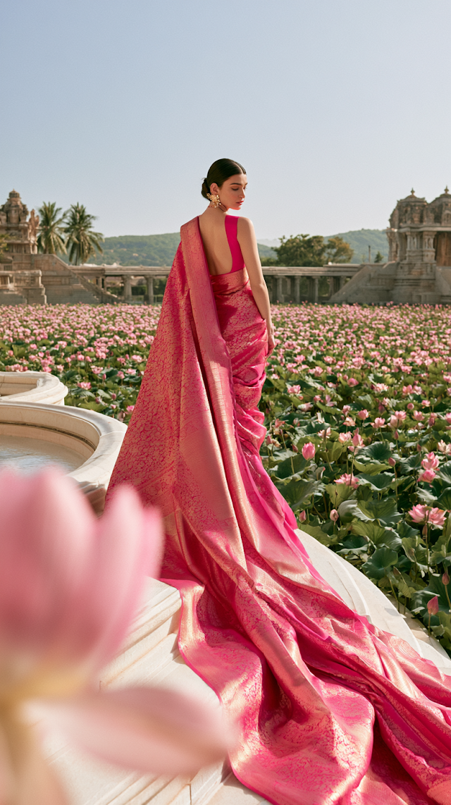 Elegant Indian Woman in Hot Pink Kanjeevaram Silk Saree by Lotus Pond