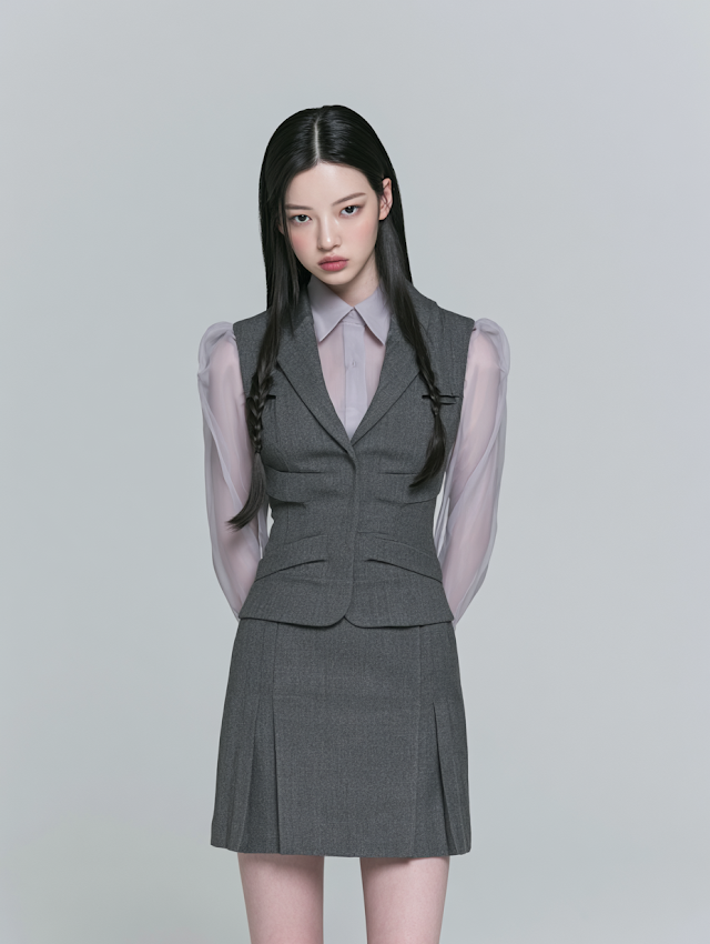 Elegant Minimalist Korean Fashion Portrait in Gray Studio