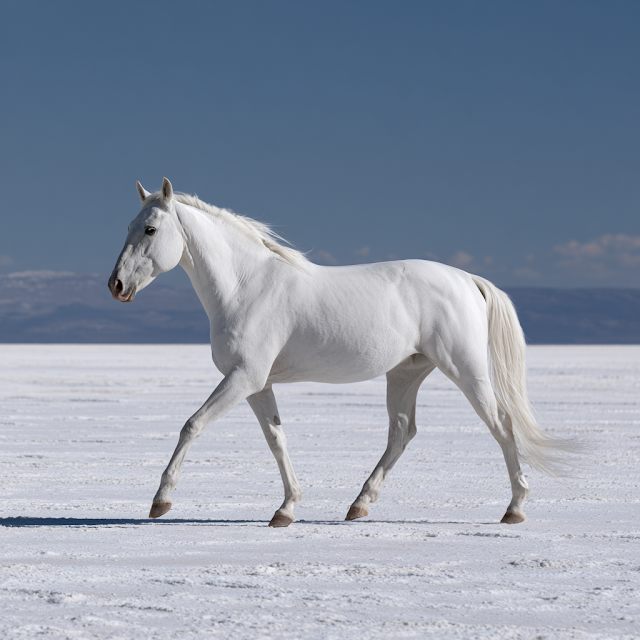 Elegant Snow White Mare on a Salt Flat