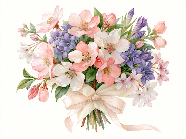 Elegant Spring Bouquet of Quince, Gentian, and Daphne Flowers