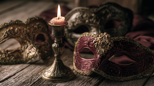 Elegant Still Life with Candle and Carnival Masks