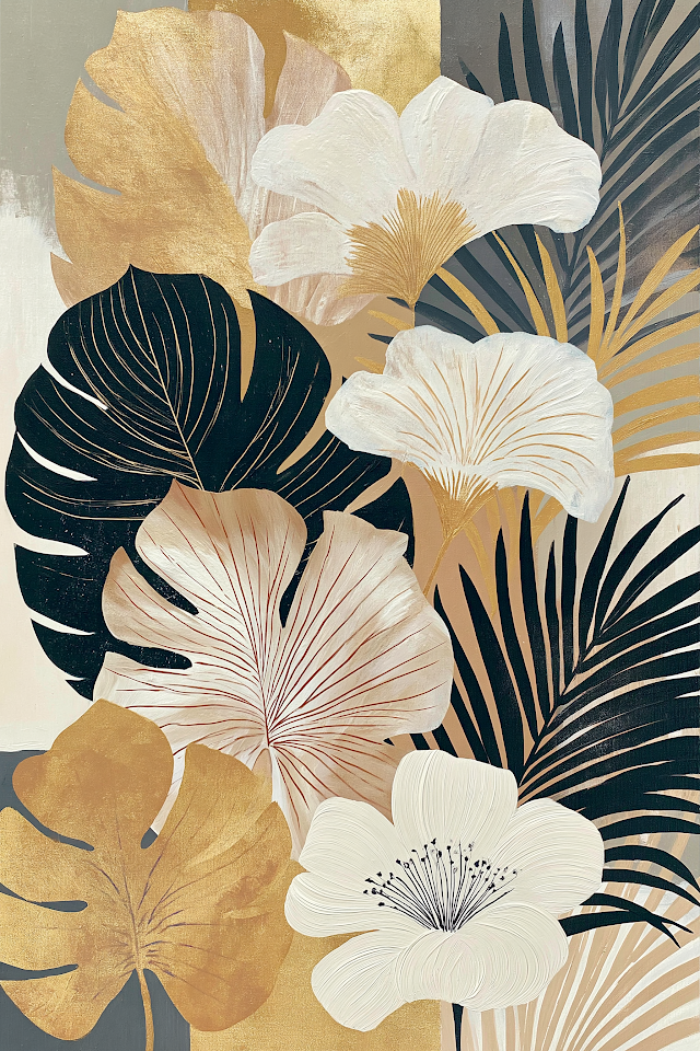 Elegant Tropical Leaves and White Flowers Art