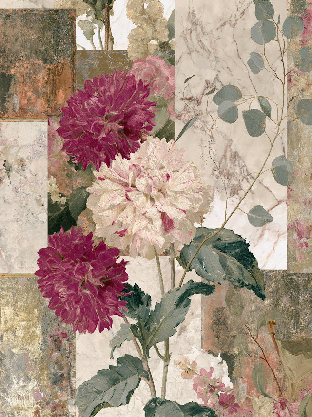 Elegant Vintage Botanical Collage with Fuchsia Dahlias