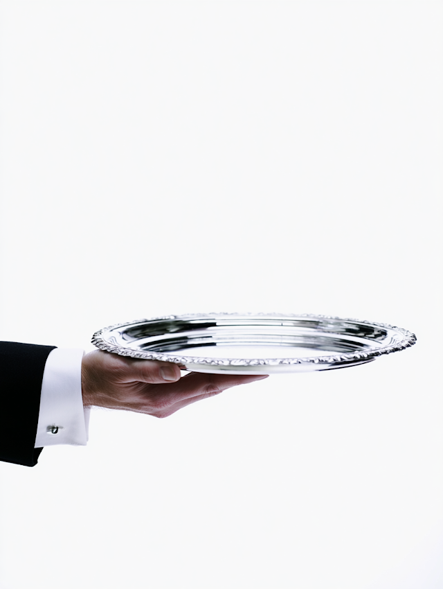 Elegant Waiter Holding Polished Silver Serving Tray