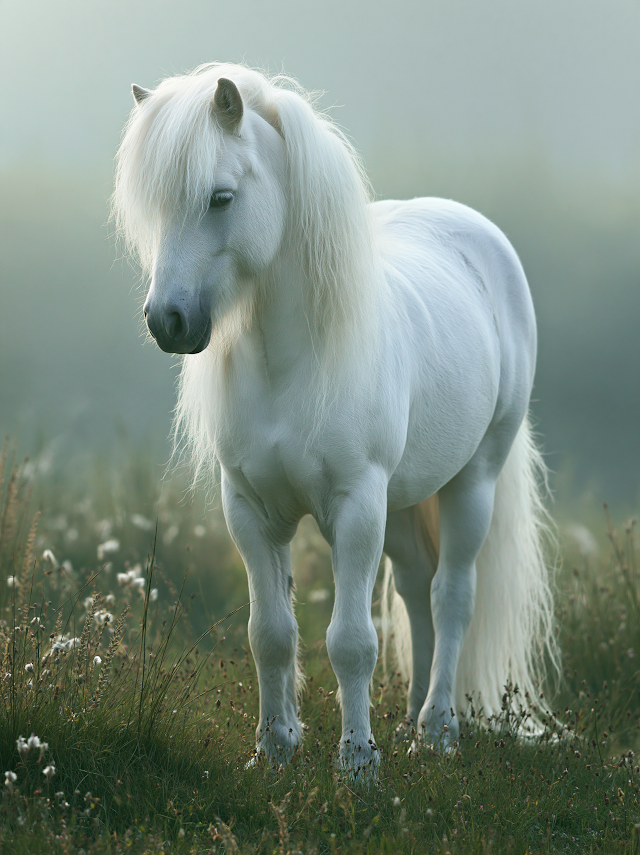 Elegant White Pony in a Misty Meadow