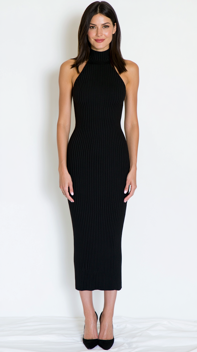 Elegant Woman in Black Knit Dress