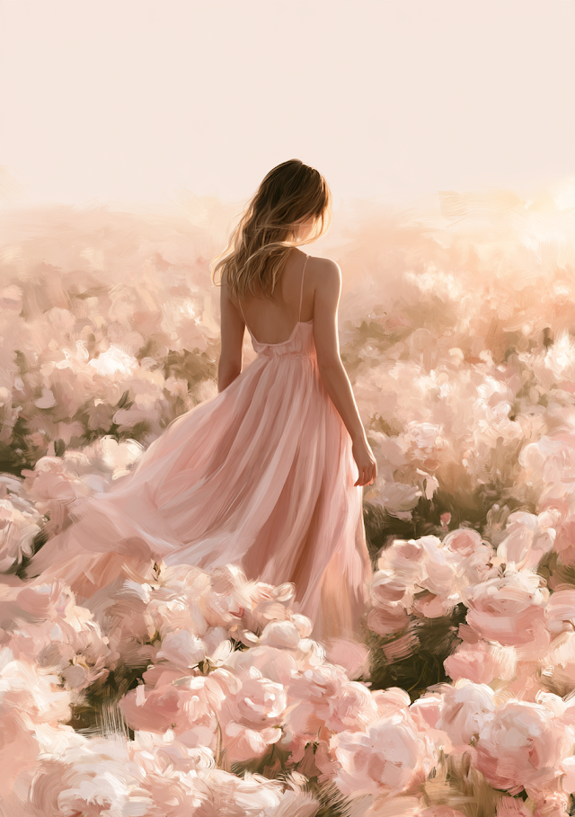 Elegant Woman in Pastel Rose Garden