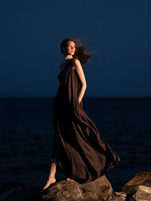 Elegant Woman in Twilight on Rocky Beach