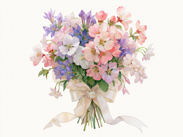 Elegantly Hand-Tied Birth Flower Bouquet Illustration