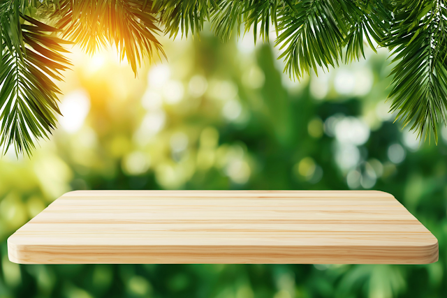 Empty Light Wooden Tabletop in Tropical Garden Setting