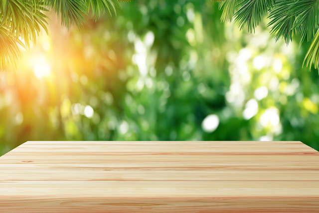 Empty Light Wooden Tabletop with Tropical Garden Background