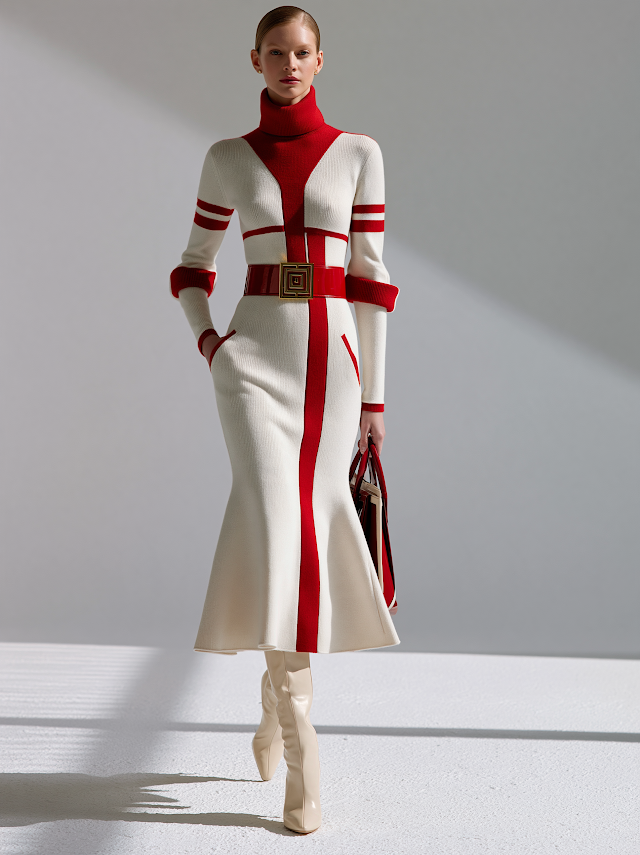Fashion Model in Color Block Dress Against Light Gray Backdrop