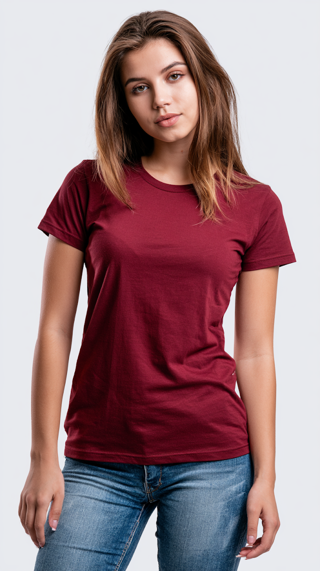 Female Model in Blank Cardinal T-Shirt