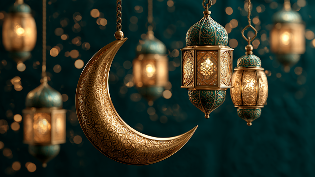 Festive Eid Al-Adha Celebration with Crescent Moon and Lanterns