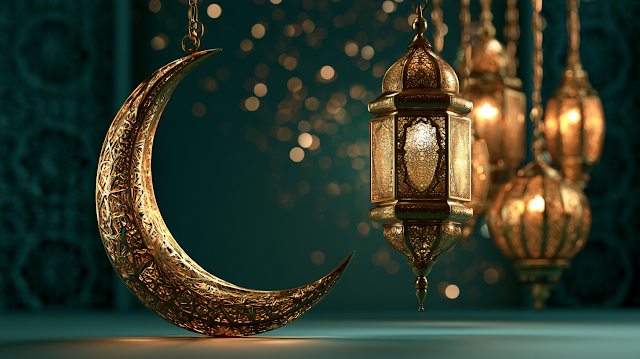Festive Eid Al-Adha Decoration with Lanterns and Crescent Moon