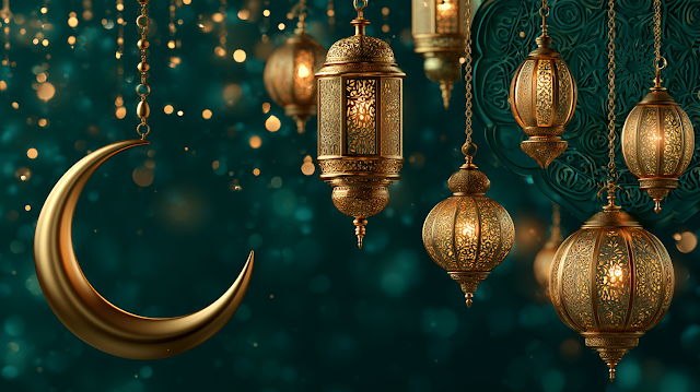 Festive Eid Al-Adha Greeting with Golden Crescent Moon and Lanterns