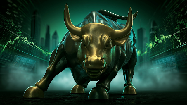 Fierce Charging Bull in Futuristic Stock Market