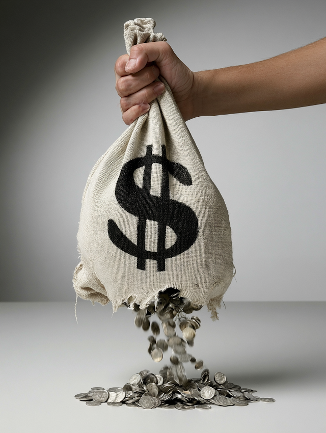 Financial Loss: Torn Money Bag with Coins Spilling Out