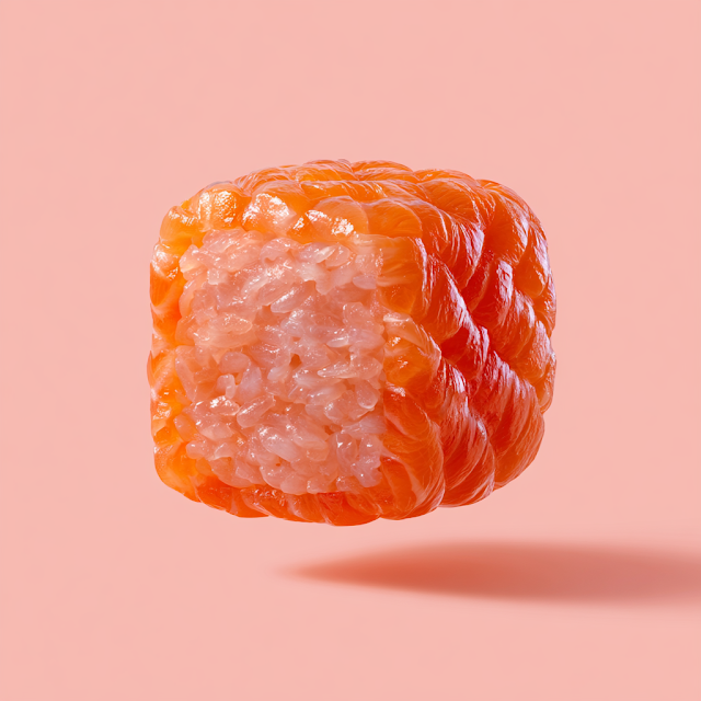 Floating Salmon Roll Sushi against a Pink Background
