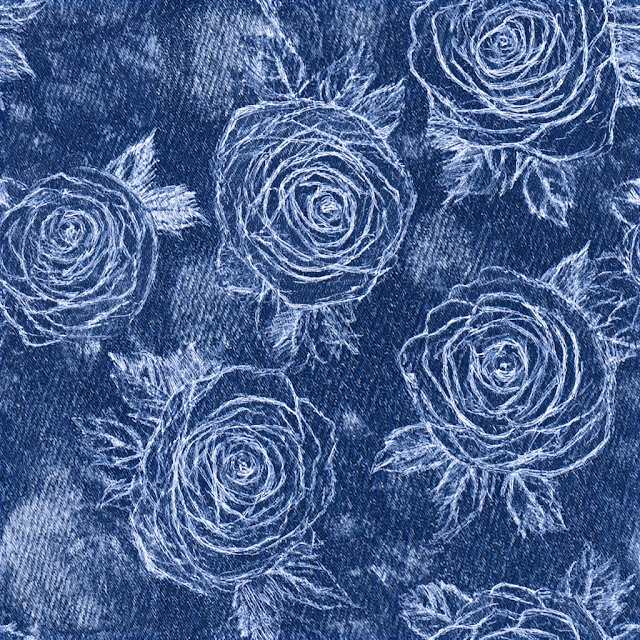 Floral Embroidery Pattern on Indigo Denim