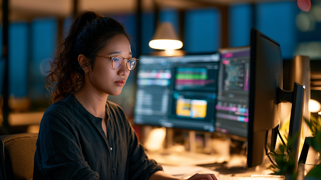 Focused Asian Woman Software Engineer at Dual-Monitor Setup