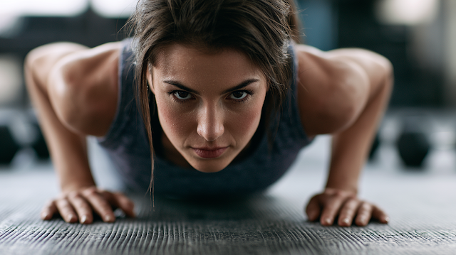 Focused Athletic Woman in Plank Position