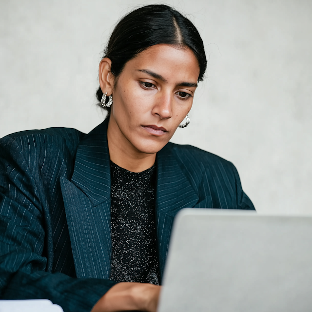 Focused Indian Businesswoman Working on Laptop in Office