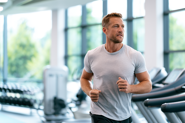 Focused Middle-Aged Man Running in Modern Fitness Gym