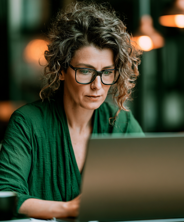 Focused Woman Writer Editor Reviewing Document on Laptop