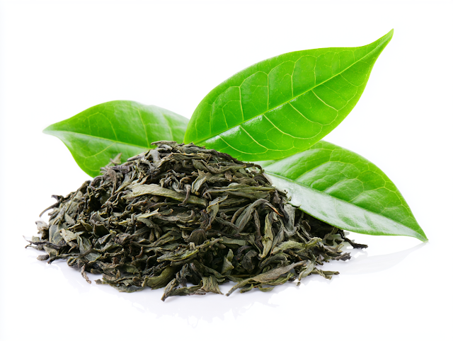 Fresh and Dried Green Tea Leaves on White Background