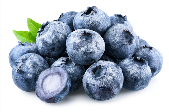 Fresh Blueberries with Green Leaves on White Background