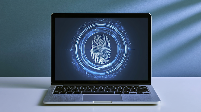 Futuristic Biometric Fingerprint Scan Interface on Laptop