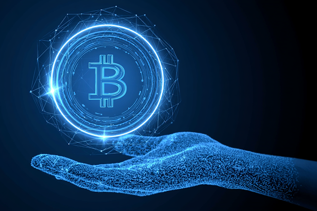 Futuristic Holographic Cryptocurrency Coin in Open Hand