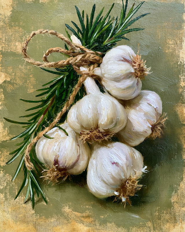 Garlic and Rosemary: Rustic Oil Painting