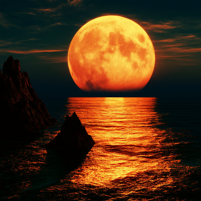 Glowing Golden Full Moon Over Dark Ocean