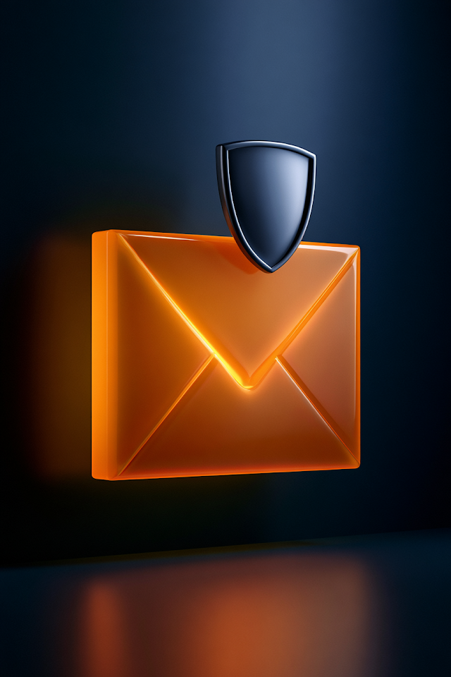 Glowing Orange Email Icon with Shield on Dark Background