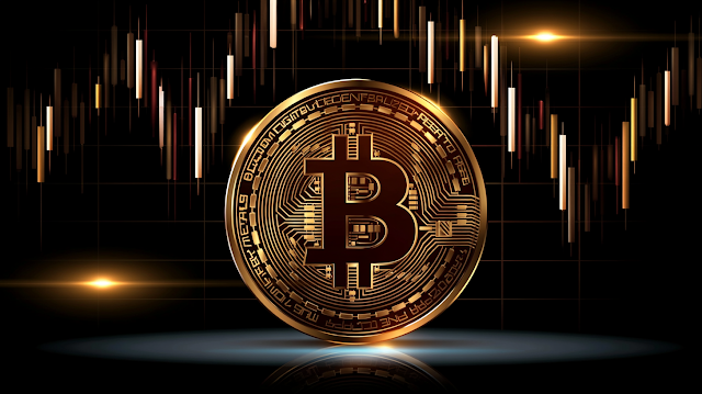 Gold Cryptocurrency Coin with Trading Chart Background