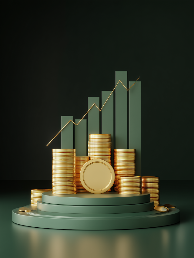 Golden Coin on Podium with Growth Graph