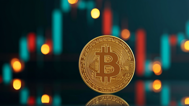 Golden Cryptocurrency Coin on Reflective Surface