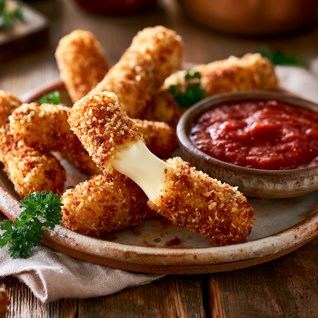 Golden Homemade Mozzarella Sticks with Marinara