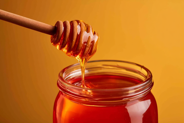 Golden Honey Dripping from a Wooden Dipper
