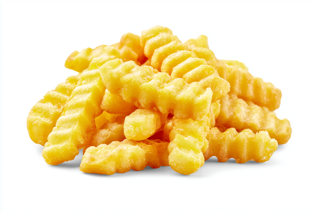 Golden Yellow Crinkle-Cut French Fries on White Background