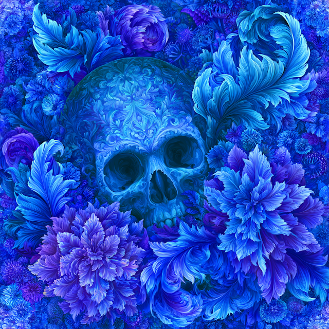 Gothic Floral Skull in Vibrant Blue