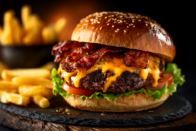 Gourmet Burger with Crispy Bacon and French Fries