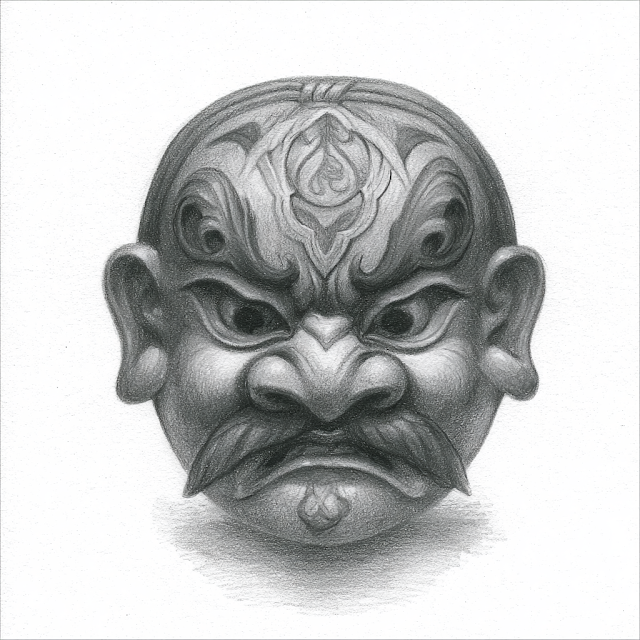 Hand-Drawn Nuo Mask of Thunder God