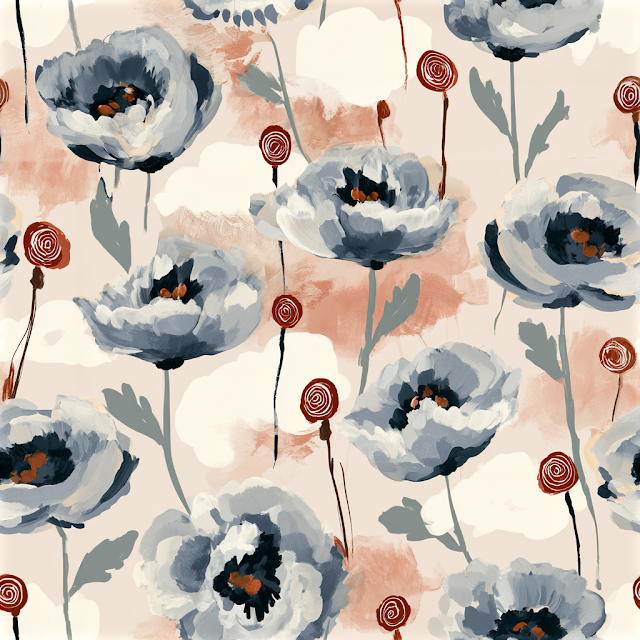 Hand-Painted Botanical Pattern with Poppy-Like Flowers